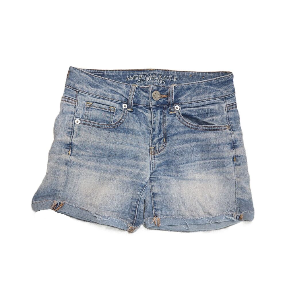 American Eagle Super Stretch MIDI Shorts Womens 4 Cuffed Flap Pockets Blue Denim